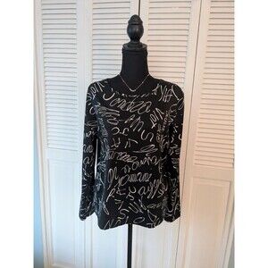 Josephine Chaus Studio Top Womens M Blouse Black White Script Graffiti Pullover
